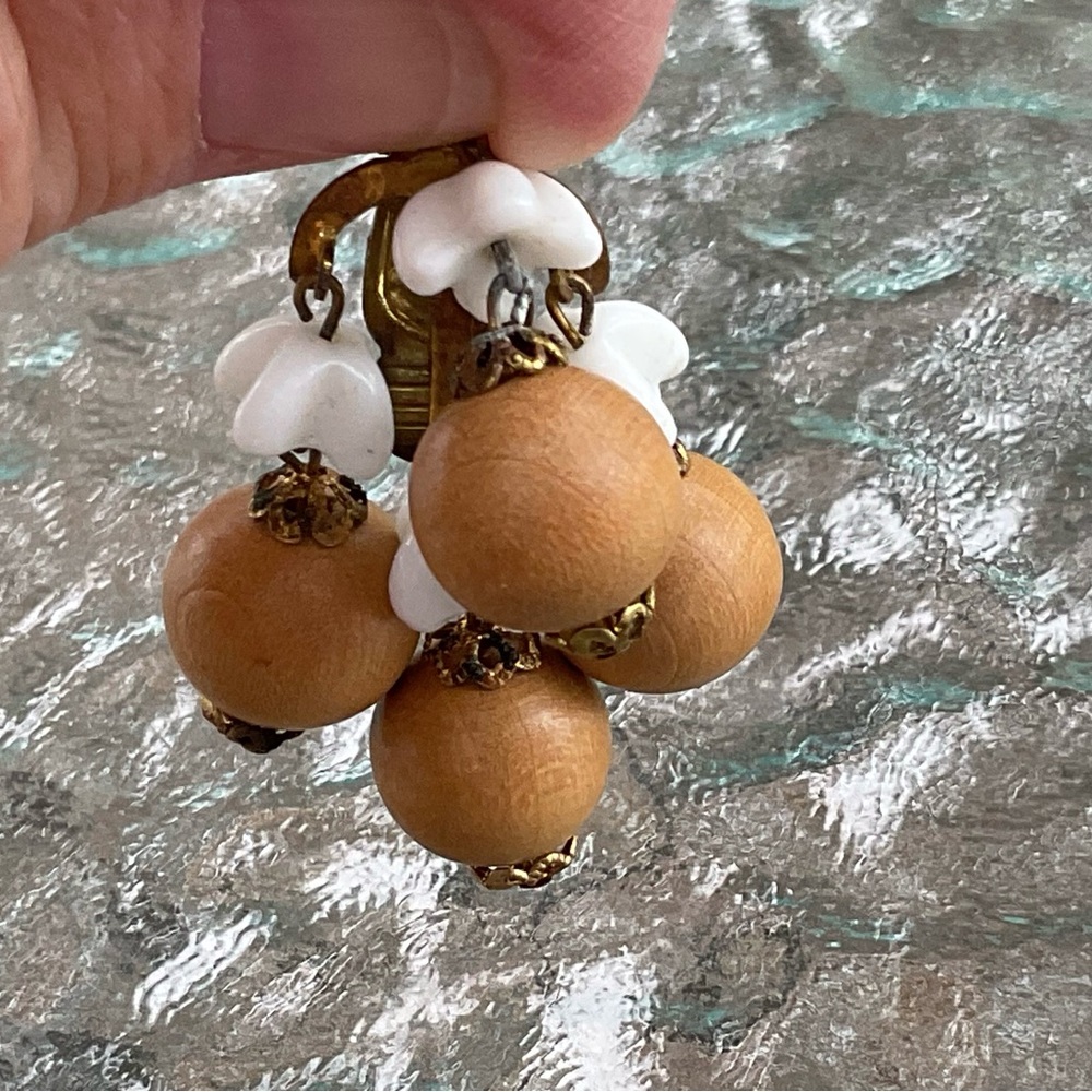 Dangle Earrings Vintage Wood Beads Acrylic floral beads 2” long West Germany